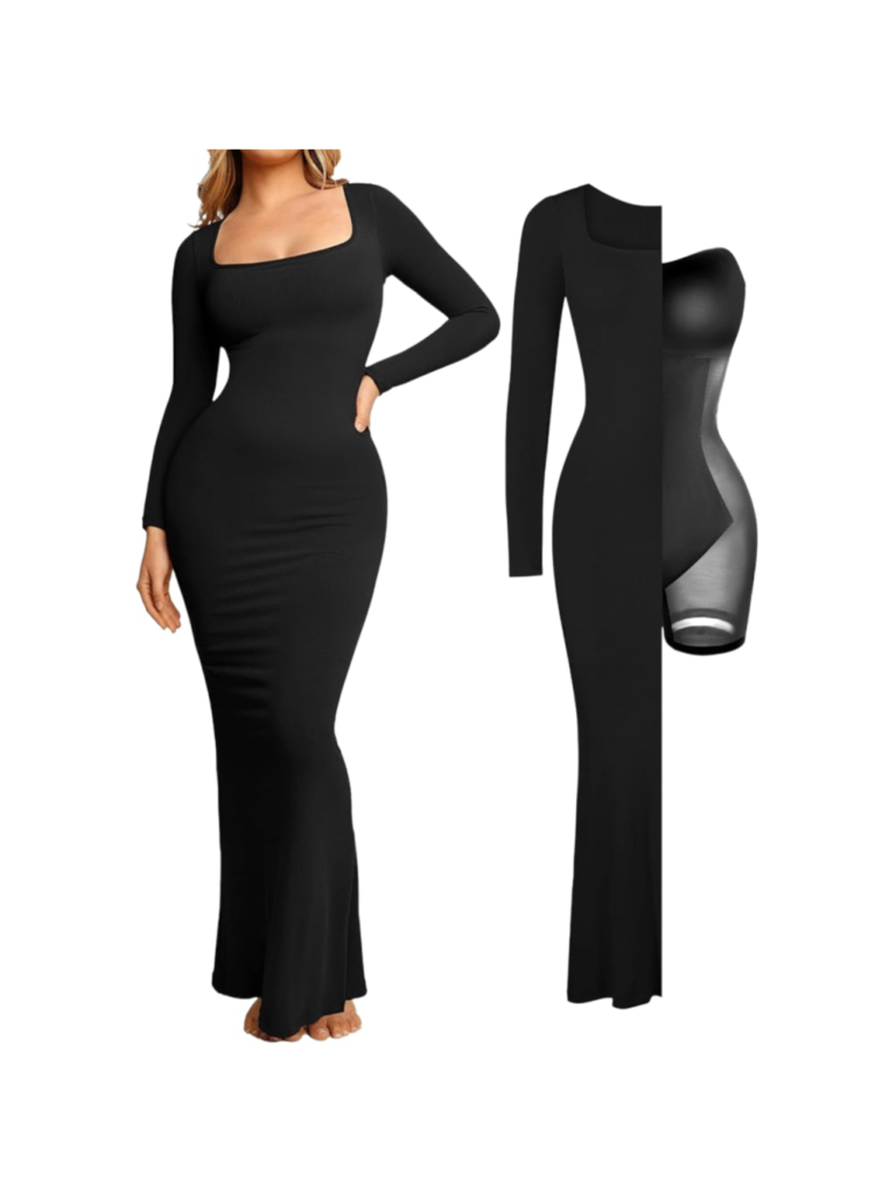 Popilush Built-In Shapewear Dress Medium M Black Long Sleeve Square Neck Maxi Ri